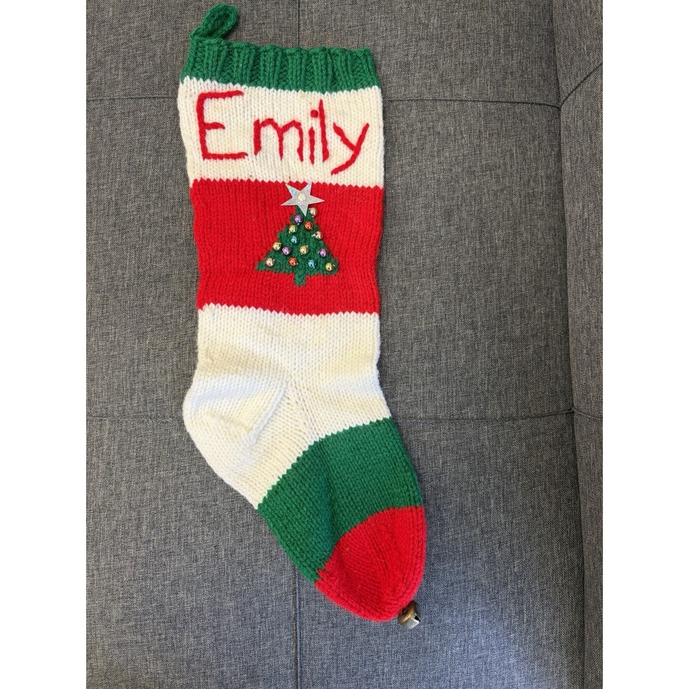 Vintage Handmade Knit Christmas Stocking Emily Tree Bells – Stains 19"